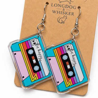 Close up detail of Retro Cassette Tape Earrings
