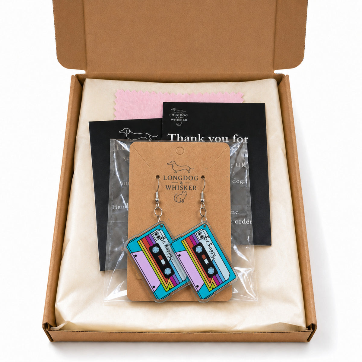 Retro Cassette Tape Earrings in Longdog & Whisker gift packaging