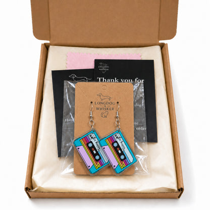 Retro Cassette Tape Earrings in Longdog & Whisker gift packaging