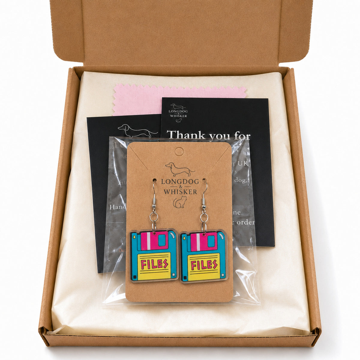 Retro Floppy Disk Earrings in Longdog & Whisker gift packaging