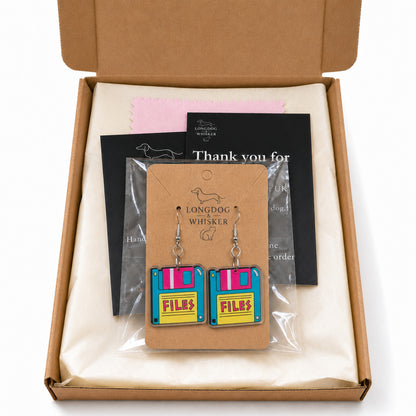 Retro Floppy Disk Earrings in Longdog & Whisker gift packaging