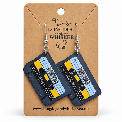 Retro metal cassette tape drop earrings on a Longdog and Whisker card