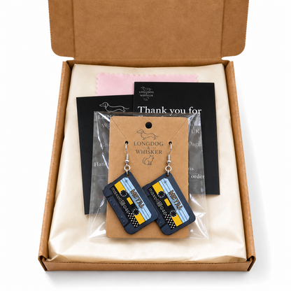Retro metal cassette tape earrings in Longdog and Whisker gift packaging