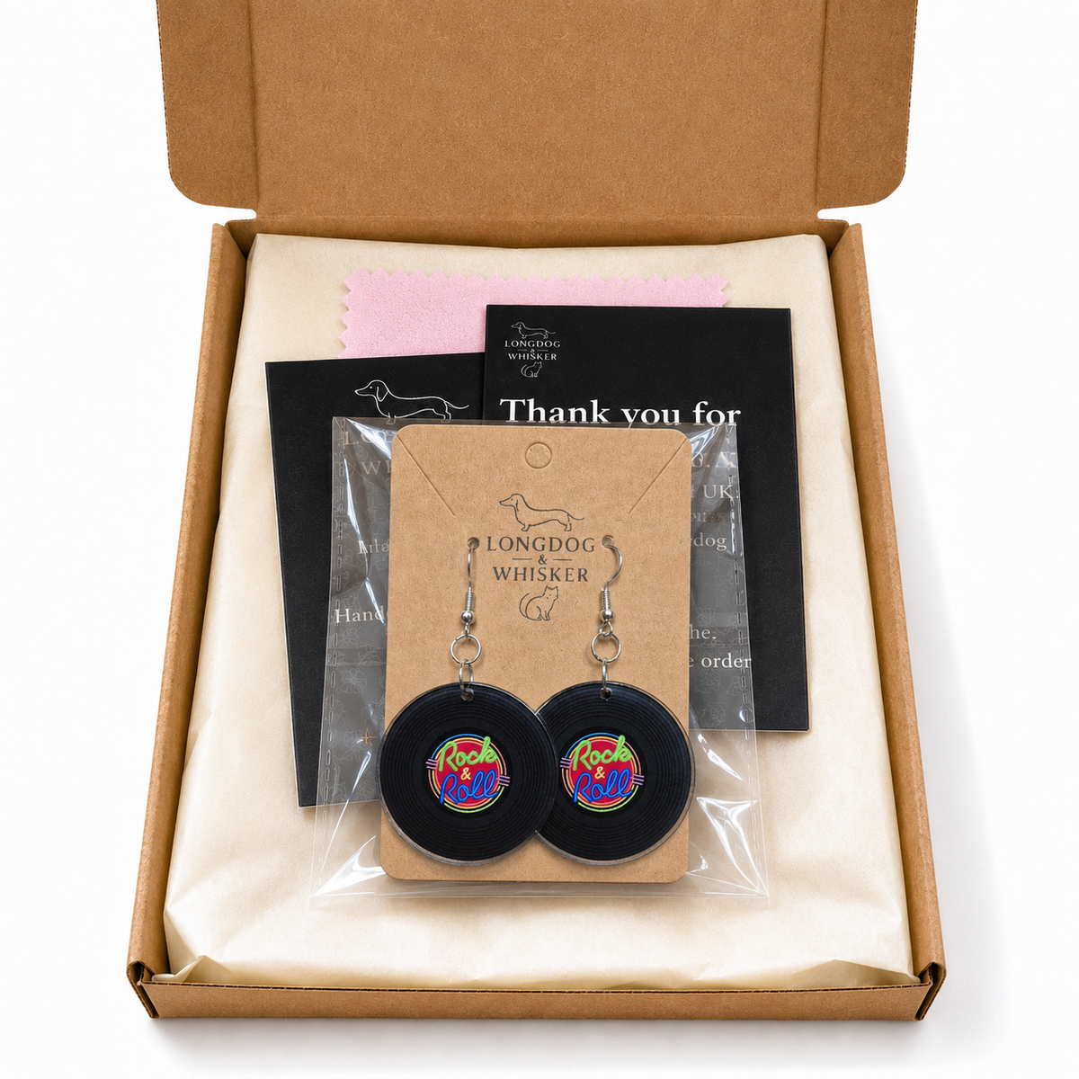 Retro Rock & Roll Vinyl Record Earrings in Longdog and Whisker packaging