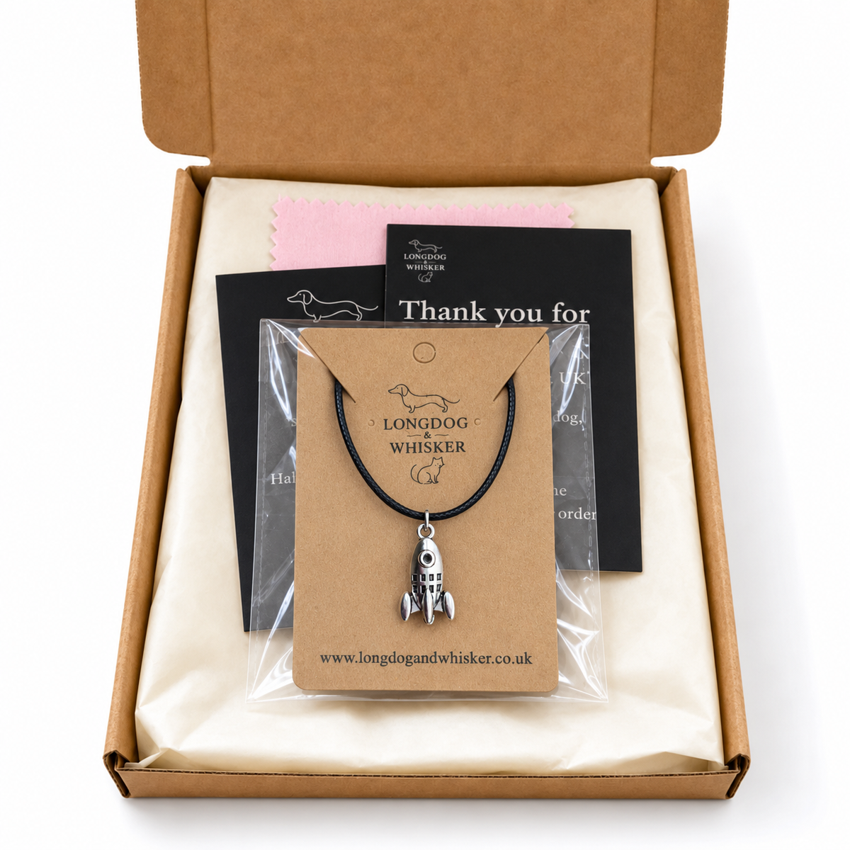 Silver Rocket Necklace on Black Cord in Longdog & Whisker gift packaging