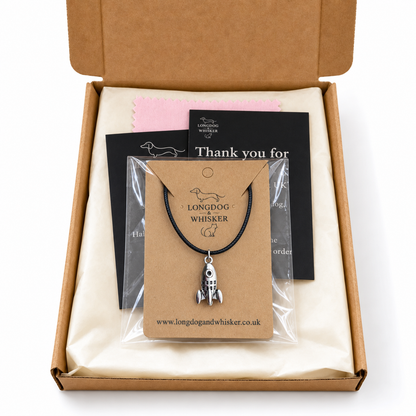 Silver Rocket Necklace on Black Cord in Longdog & Whisker gift packaging