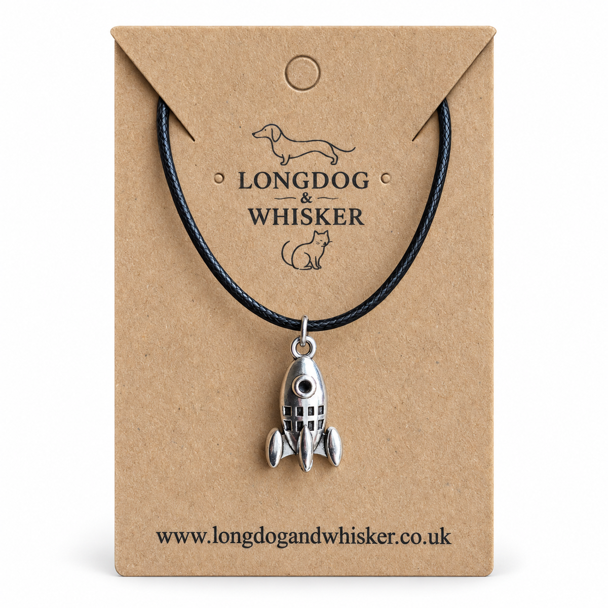 Silver Rocket Necklace on Black Cord on Longdog & Whisker product card