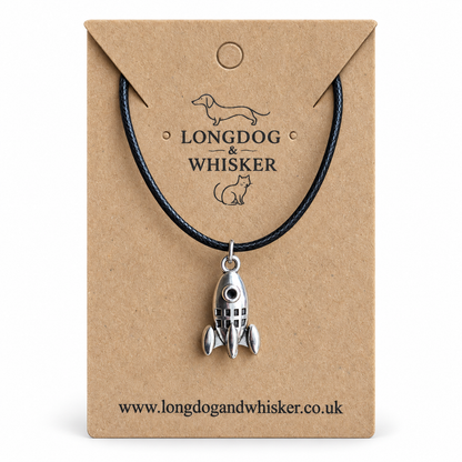 Silver Rocket Necklace on Black Cord on Longdog & Whisker product card