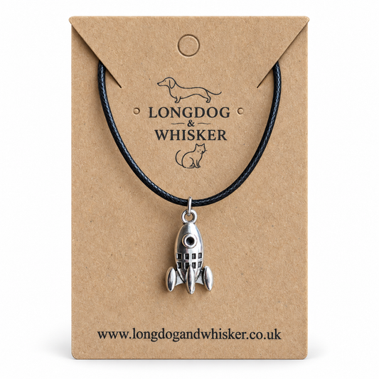 Silver Rocket Necklace on Black Cord on Longdog & Whisker product card