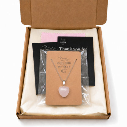 Rose Quartz Heart Necklace with Longdog & Whisker packaging