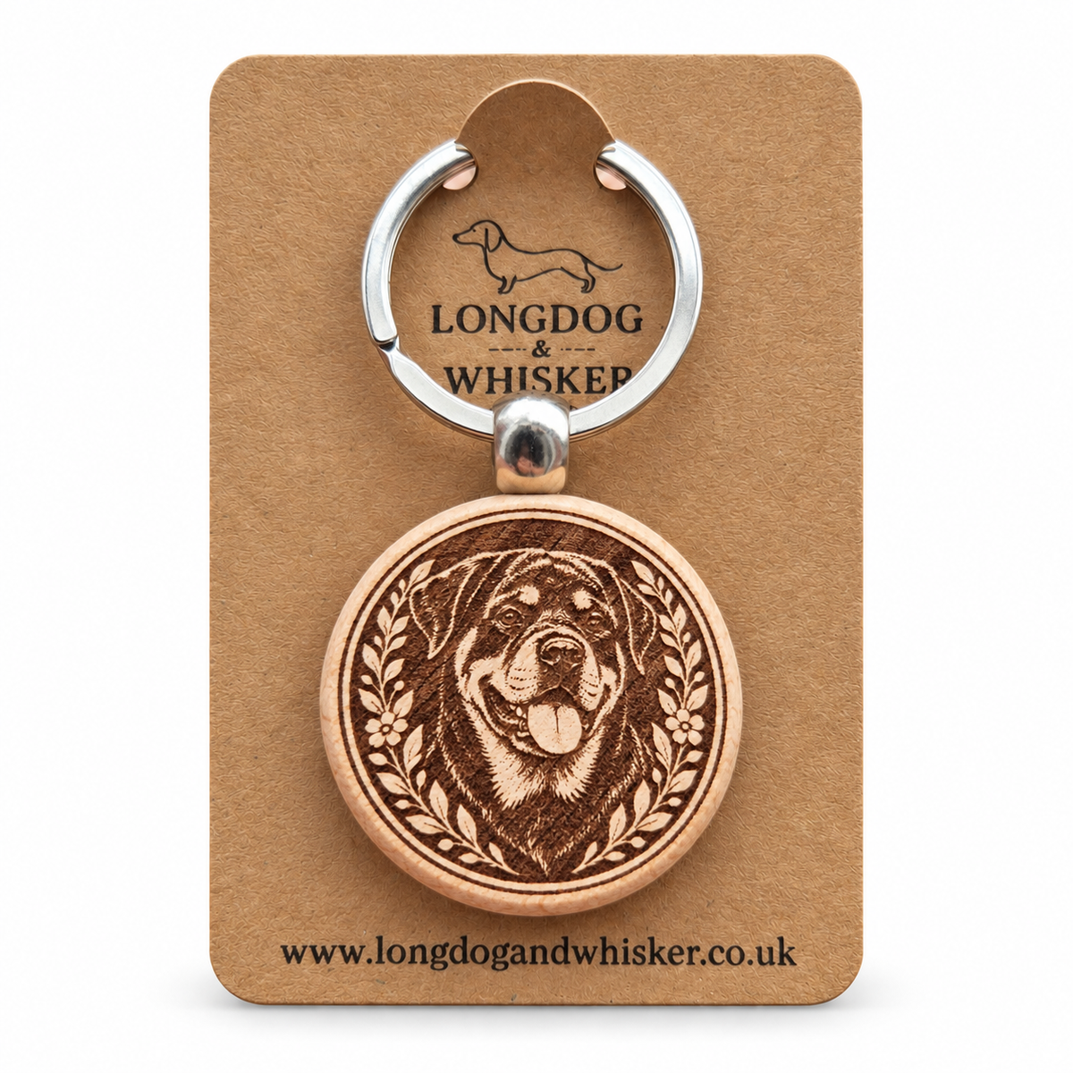 Rottweiler wooden keyring on a Longdog & Whisker product card