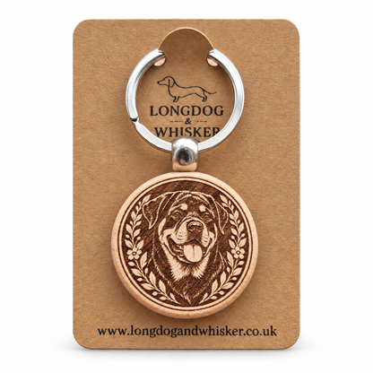 Rottweiler wooden keyring on a Longdog & Whisker product card