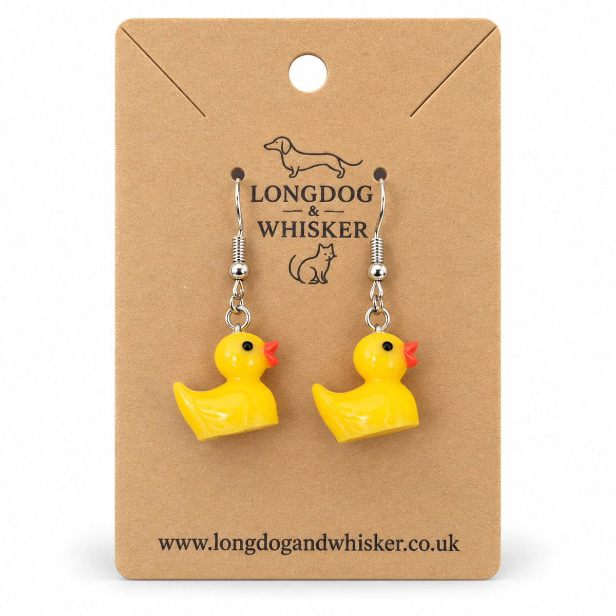 Yellow rubber duck earrings on the Longdog & Whisker kraft display card