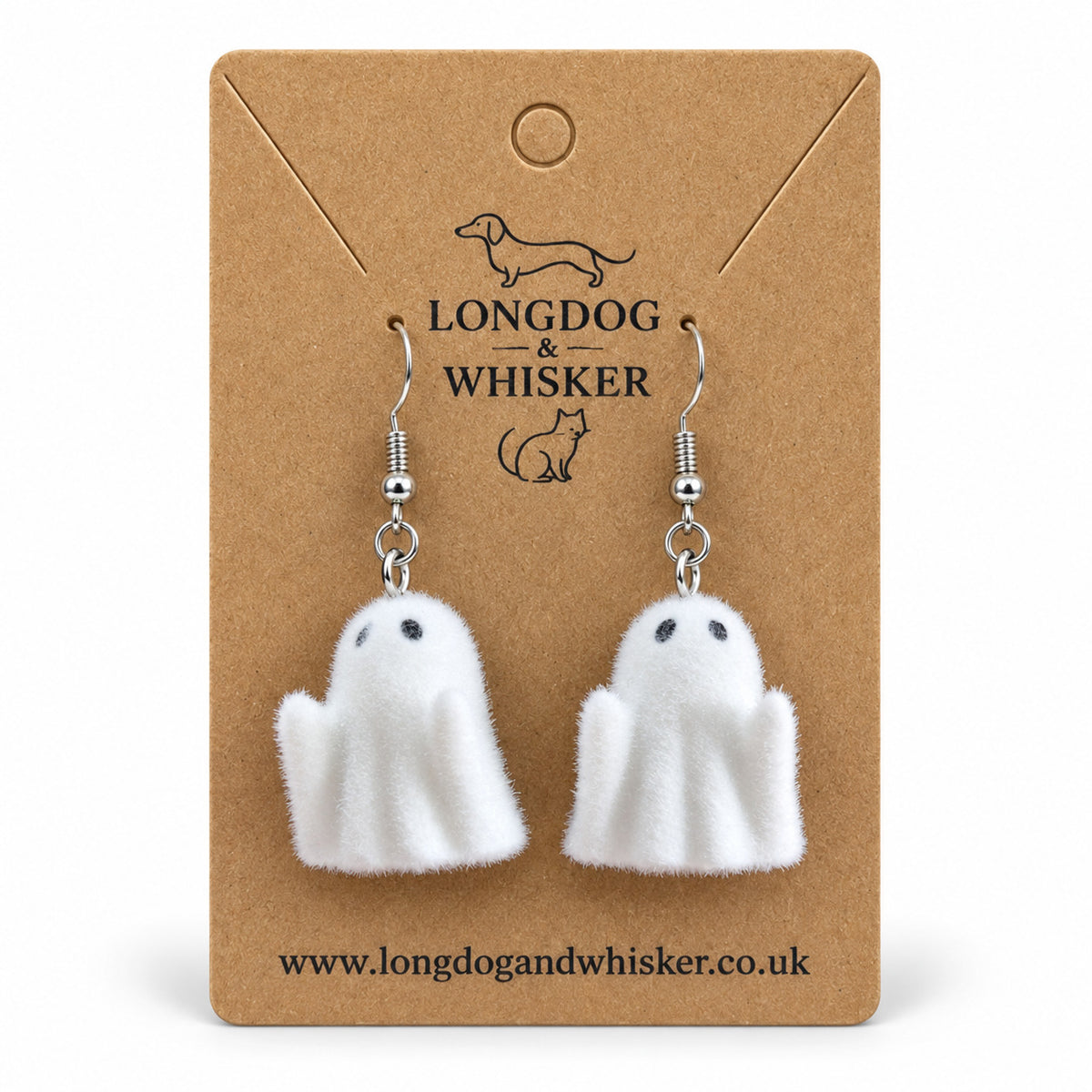 Rudie Ghost Earrings on the Longdog & Whisker card