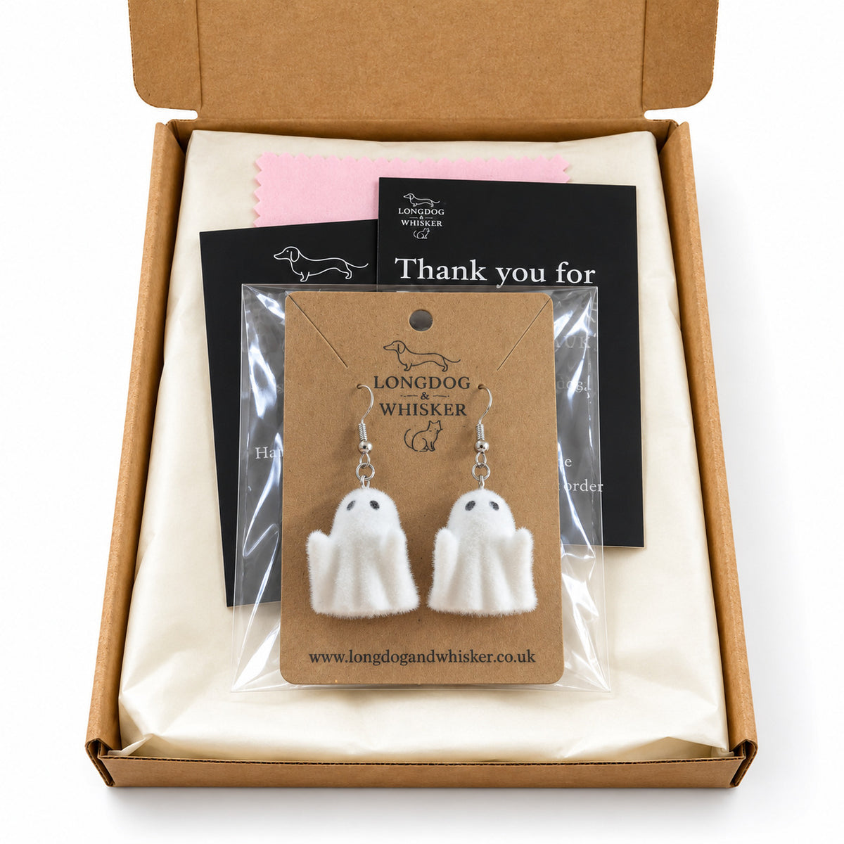 Rudie Ghost Earrings packaged in a Longdog & Whisker gift box