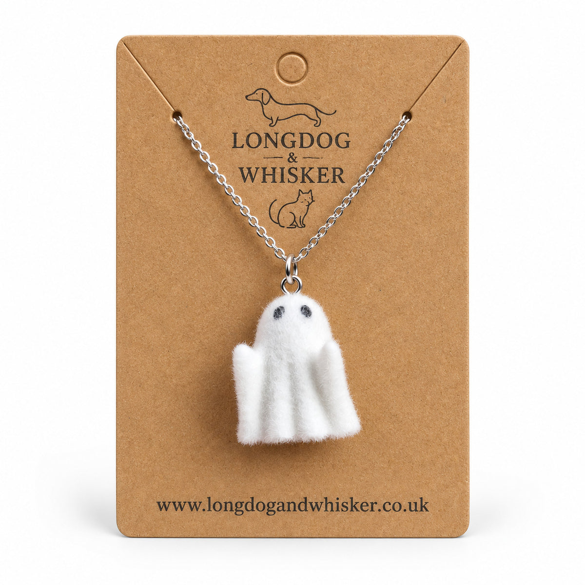 Rudie Ghost Necklace on the Longdog & Whisker card
