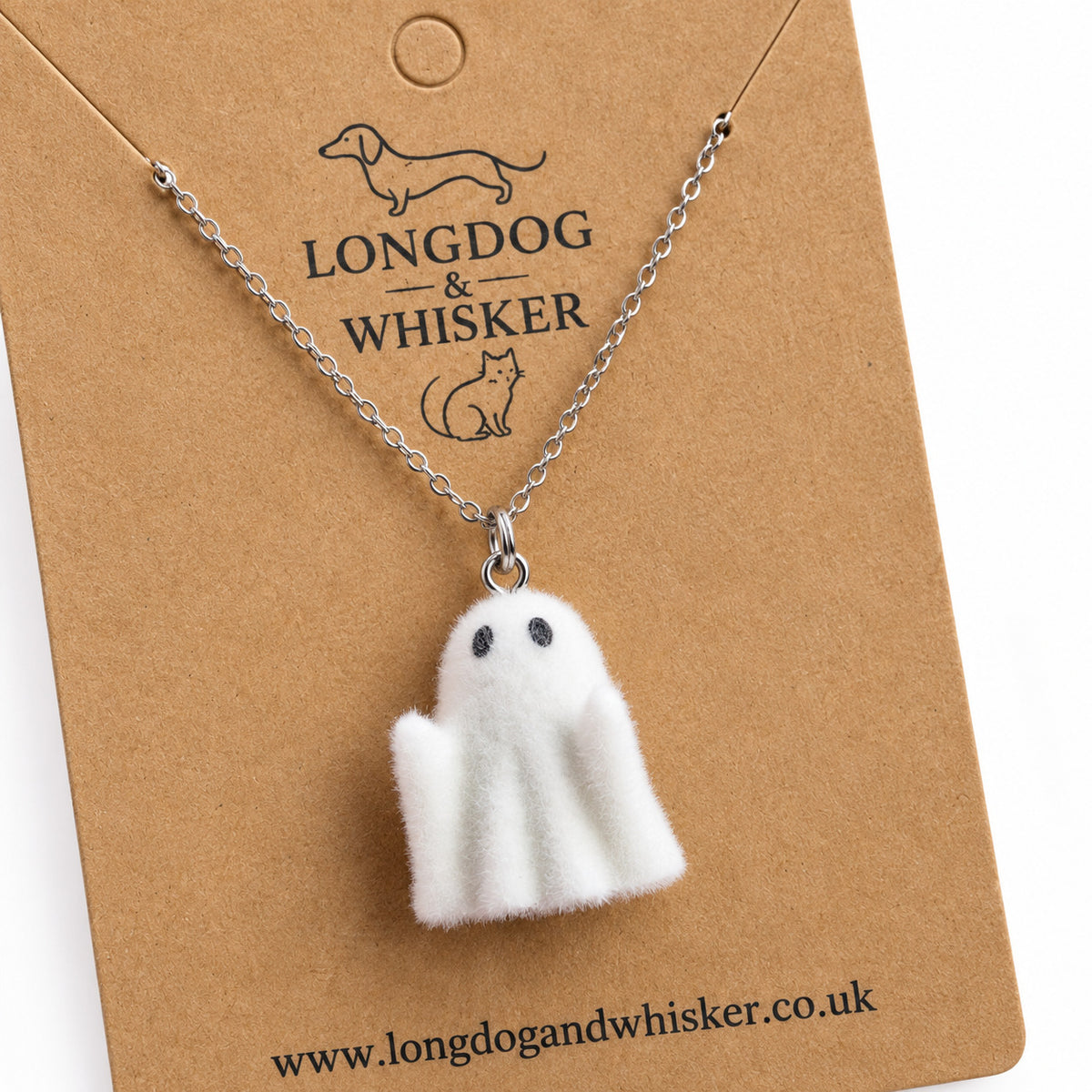 Close-up of Rudie Ghost Necklace on the Longdog & Whisker card