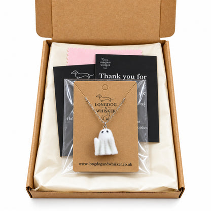 Rudie Ghost Necklace packaged in a Longdog & Whisker gift box