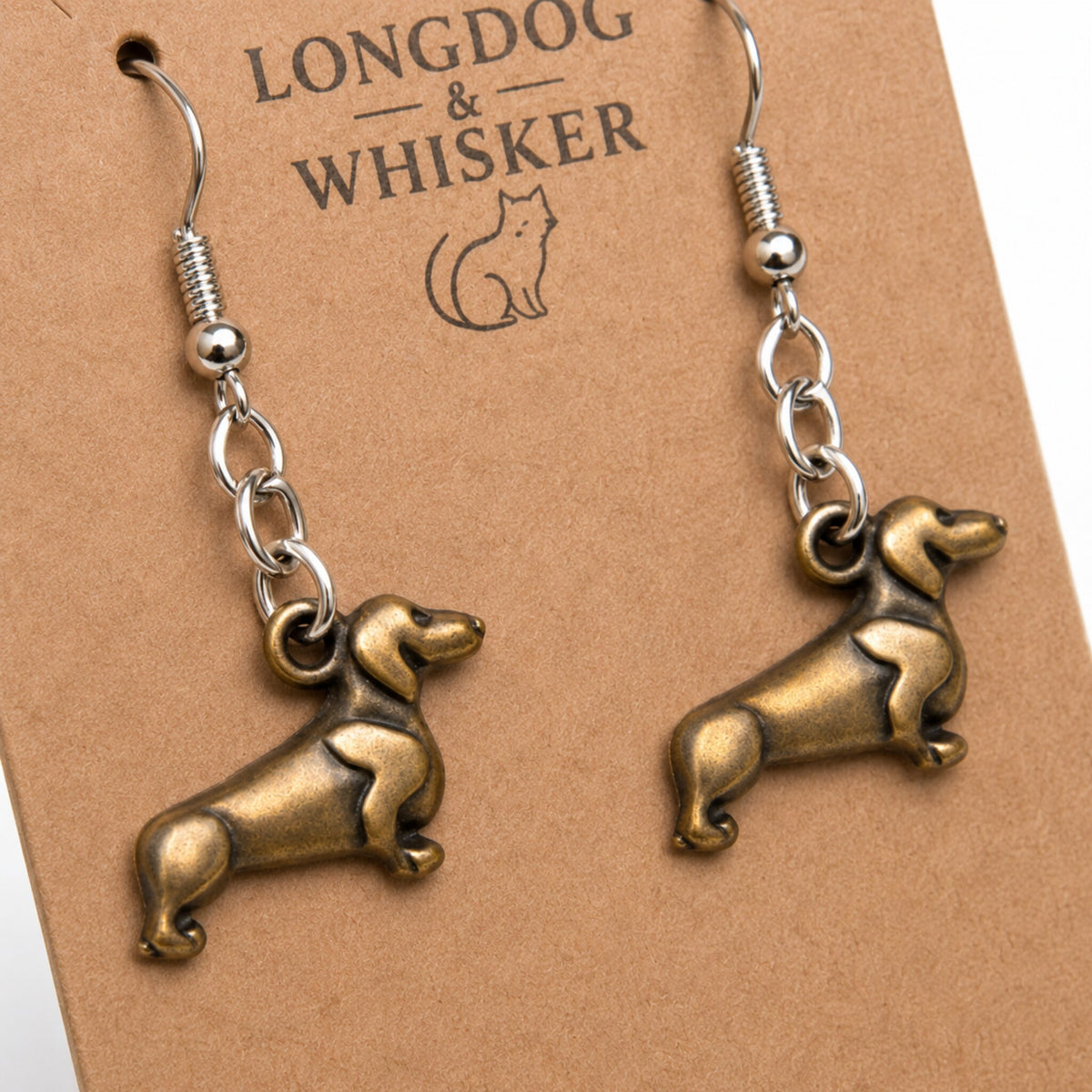 Close-up detail of Sausage Dog Earrings - Bronze