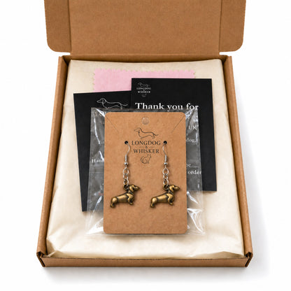 Sausage Dog Earrings - Bronze with Longdog & Whisker packaging
