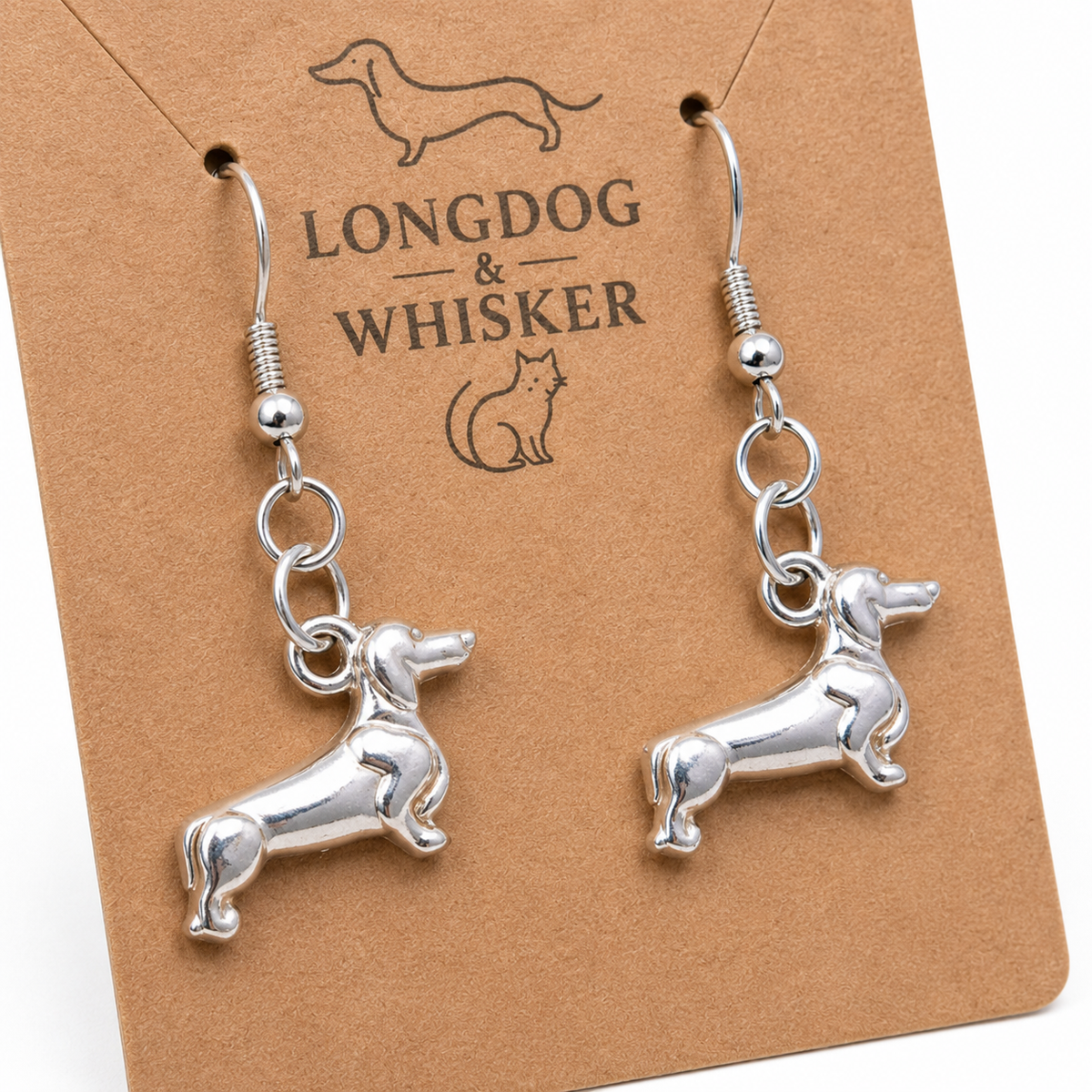 Close-up detail of Sausage Dog Earrings - Silver