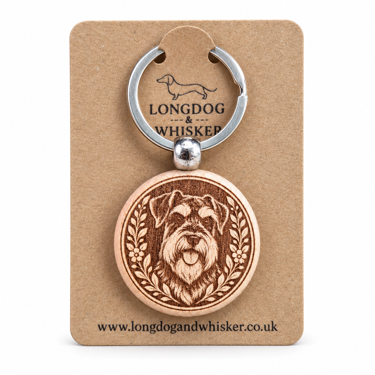 Schnauzer wooden keyring on a Longdog & Whisker product card