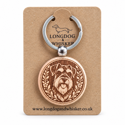 Schnauzer wooden keyring on a Longdog & Whisker product card