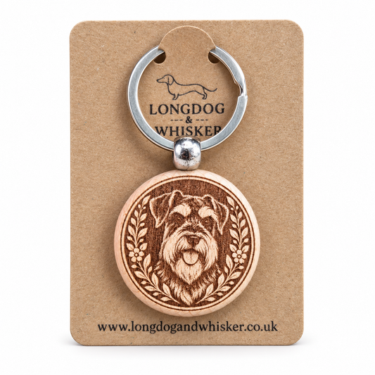Schnauzer wooden keyring on a Longdog & Whisker product card