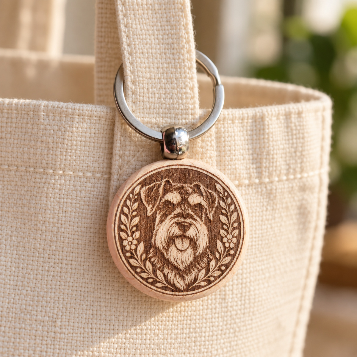 Schnauzer wooden keyring attached to a cream canvas tote bag