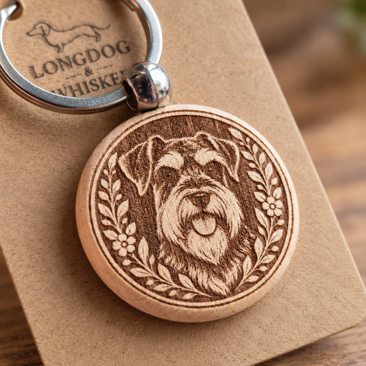 Close-up of the printed Schnauzer wooden keyring and silver-tone hardware