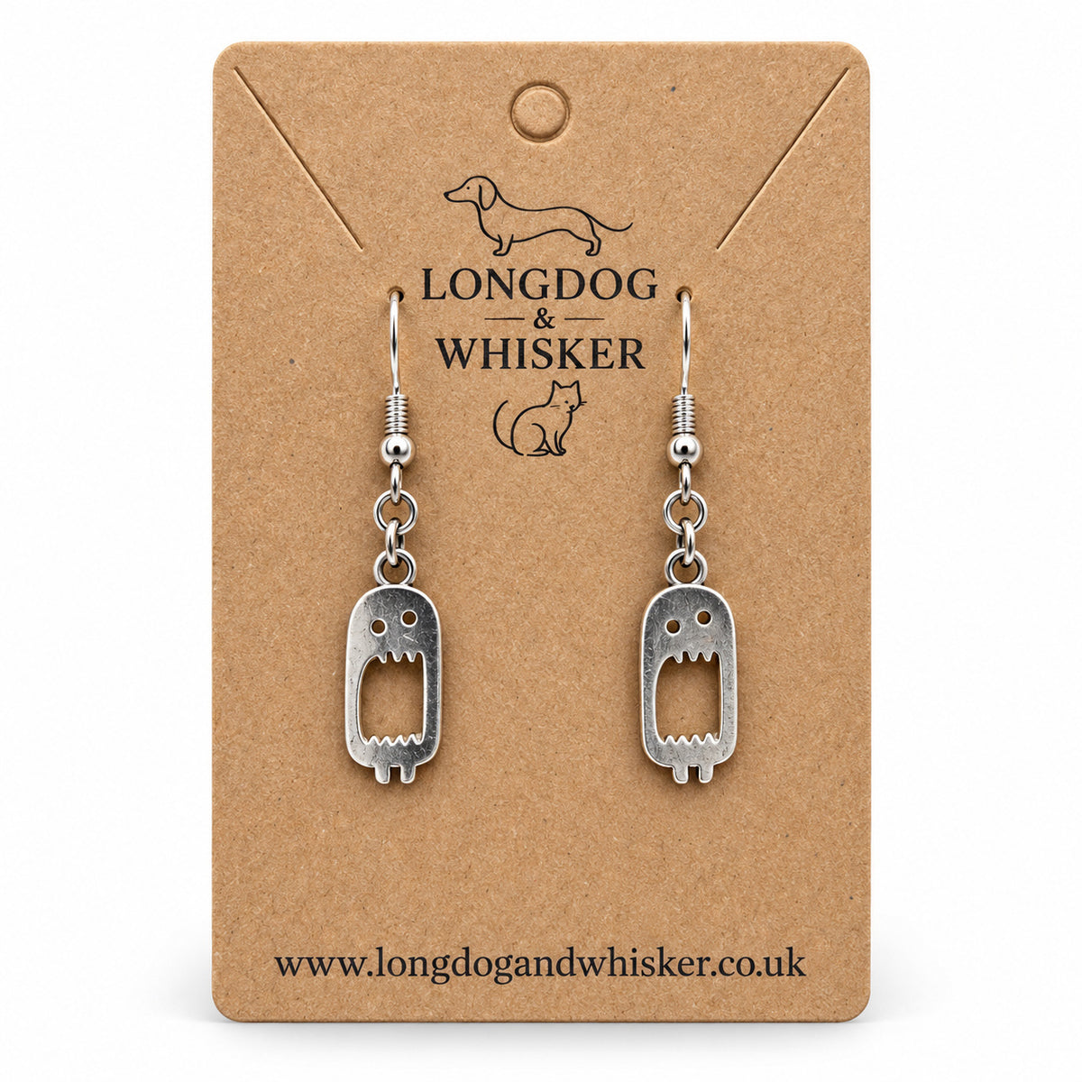 Screaming monster drop earrings on Longdog & Whisker kraft card