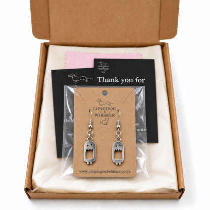 Screaming monster drop earrings in Longdog & Whisker gift packaging