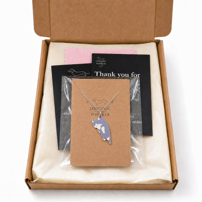 Scruffles Cat Necklace - Grey with Longdog & Whisker packaging