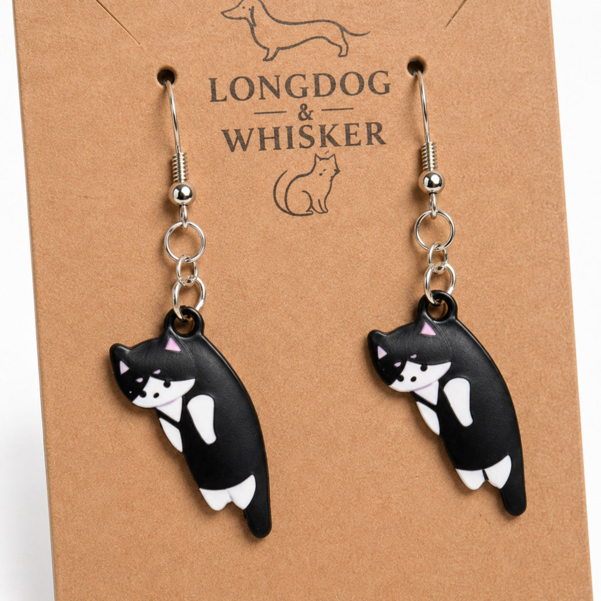 Close-up detail of Scruffles Cat Earrings - Black & White