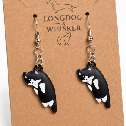 Close-up detail of Scruffles Cat Earrings - Black & White