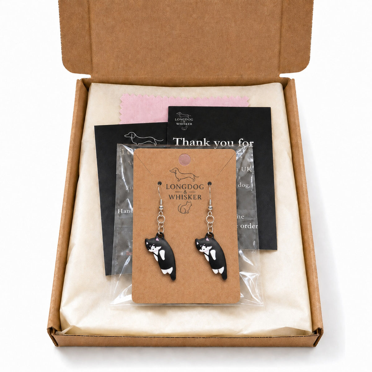 Scruffles Cat Earrings - Black & White with Longdog & Whisker packaging
