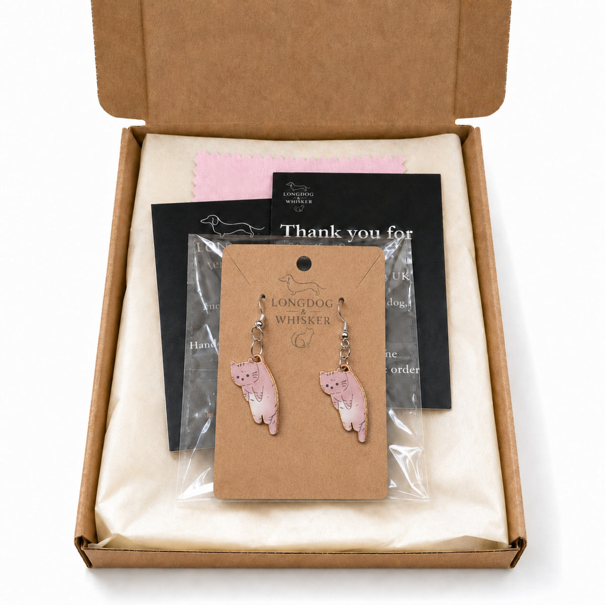 Scruffles Cat Earrings - Brown with Longdog & Whisker packaging