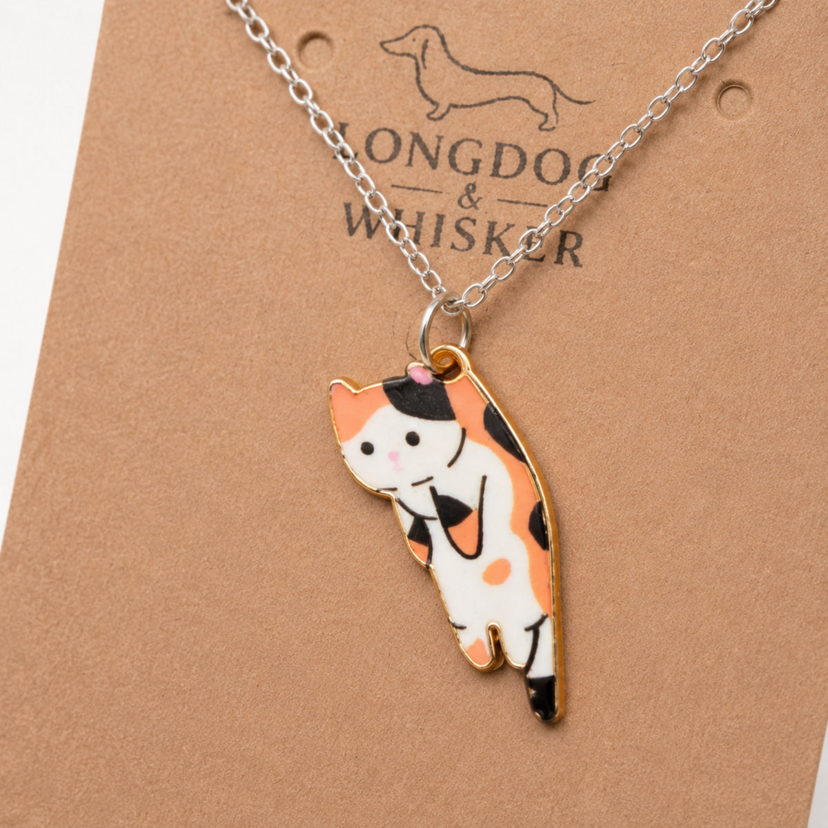 Close-up detail of Scruffles Cat Necklace - Calico