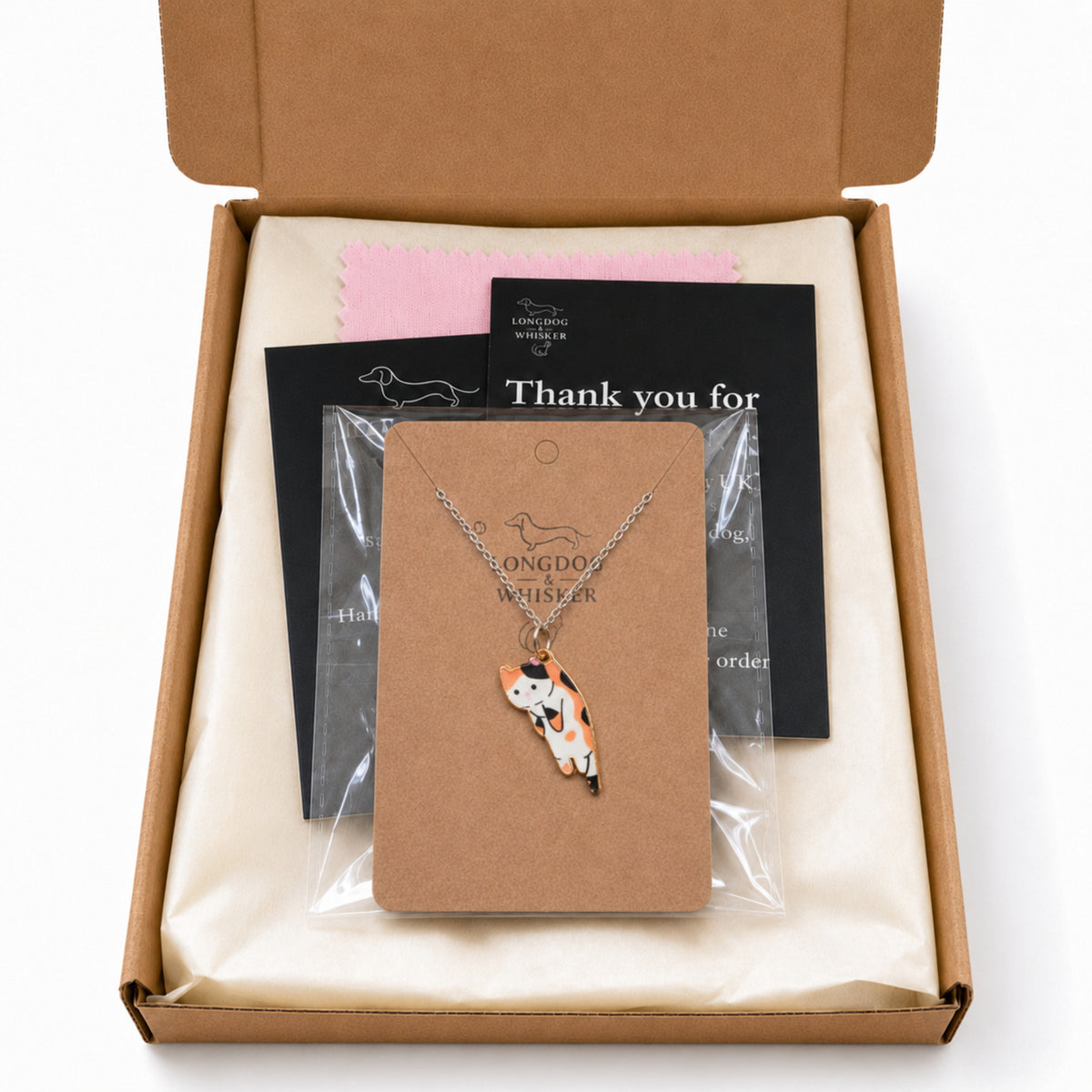 Scruffles Cat Necklace - Calico with Longdog & Whisker packaging