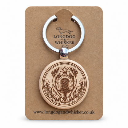 Shar Pei wooden keyring with leafy portrait frame on Longdog & Whisker kraft card
