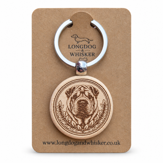 Shar Pei wooden keyring with leafy portrait frame on Longdog & Whisker kraft card
