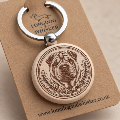 Close-up of Shar Pei portrait, leafy border, natural wood edge and silver connector