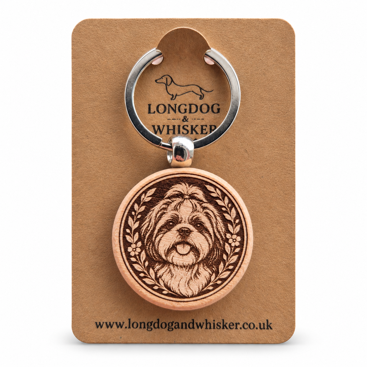 Shih Tzu wooden keyring on a Longdog & Whisker product card