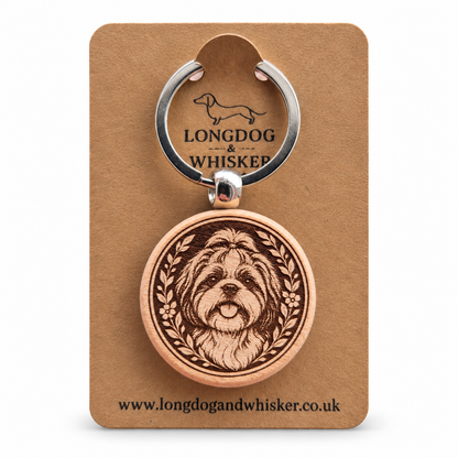 Shih Tzu wooden keyring on a Longdog & Whisker product card