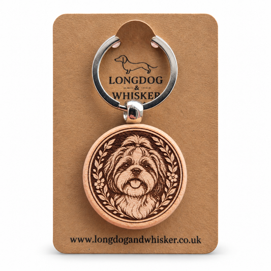 Shih Tzu wooden keyring on a Longdog & Whisker product card
