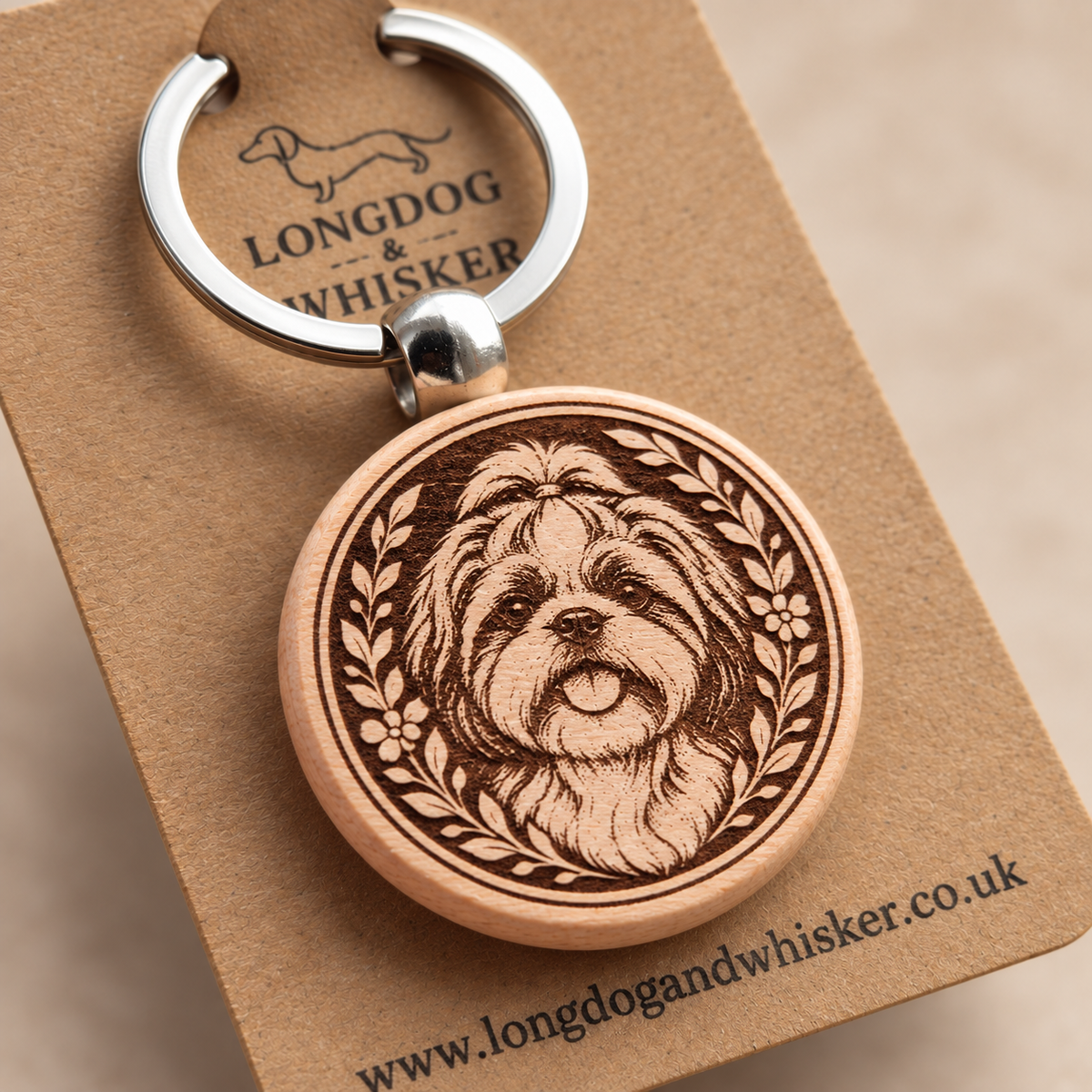 Close-up of the printed Shih Tzu wooden keyring and silver-tone hardware