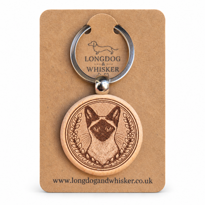 Siamese cat wooden keyring on its Longdog & Whisker kraft card