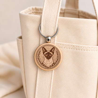 Siamese cat wooden keyring attached to a cream canvas tote handle