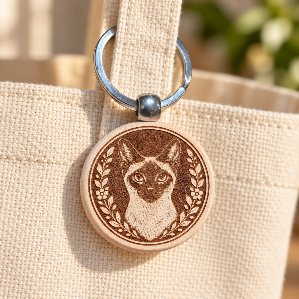 Siamese cat wooden keyring attached to a cream tote bag
