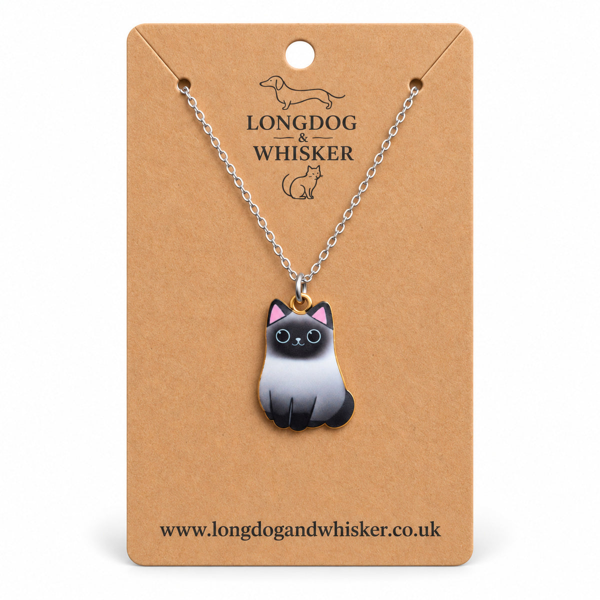 Siamese Chonky Cat Necklace on a silver-tone chain displayed on a Longdog & Whisker kraft card